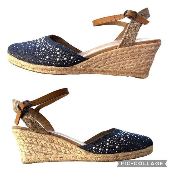 White Mountain Navy Denim Espradilles Wedge Beaded Metallic Sandals NWOB Size 8 - Picture 3 of 8